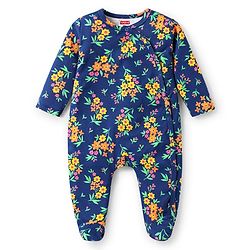Babyhug Cotton Knit Full Sleeves Footed Sleep Suit With Floral Print - Navy Blue