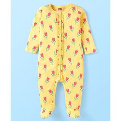 Babyhug Cotton Knit Full Sleeves Footed Sleep Suit With Floral Print - Yellow