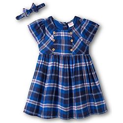 Babyhug Cotton Woven Half Sleeves Frock with Headband & Checks - Navy Blue