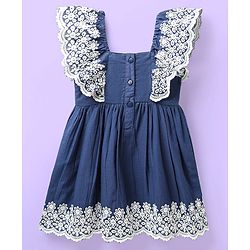 Babyhug Cotton Woven Frill Sleeves Frock With Floral Embroidery - Blue