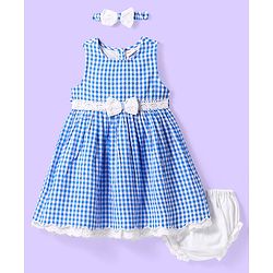 Babyhug Cotton Woven Sleeveless Checkered Frock with Bloomer Headband & Bow Applique - Blue