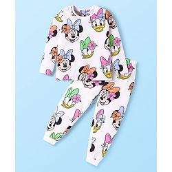 Babyhug Disney Single Jersey Full Sleeves Night Suit With Minnie & Friends All Over Print - White