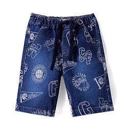 Babyhug Knee Length Denim Jamaican With Stretch & Text Print - Blue