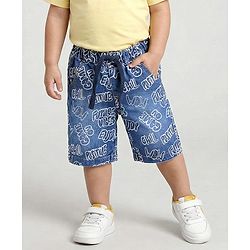 Babyhug Knee Length Denim Jamaican With Stretch & Text Print - Blue