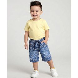 Babyhug Knee Length Denim Jamaican With Stretch & Text Print - Blue