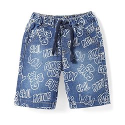 Babyhug Knee Length Denim Jamaican With Stretch & Text Print - Blue