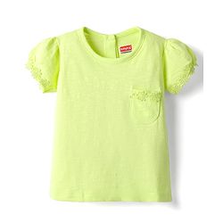 Babyhug Cotton Knit Half Puffed Sleeves T-Shirt with Floral Embroidery - Limegreen