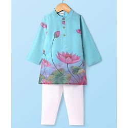 Babyhug Woven Full Sleeves Kurta & Pyjama with Lotus Print - Light Blue
