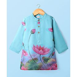 Babyhug Woven Full Sleeves Kurta & Pyjama with Lotus Print - Light Blue