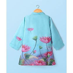 Babyhug Woven Full Sleeves Kurta & Pyjama with Lotus Print - Light Blue
