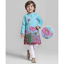 Babyhug Woven Full Sleeves Kurta & Pyjama with Lotus Print - Light Blue