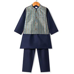 Babyhug Woven Full Sleeves Kurta Pyjama With Glitter Printed Jacket - Navy Blue