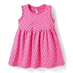 Babyhug Single Jersey Knit Sleeveless Dress With Bow Print - Dark Pink