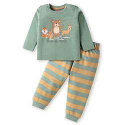 Babyhug Cotton Knit Full Sleeves Night Suit Bear Print - Olive Green