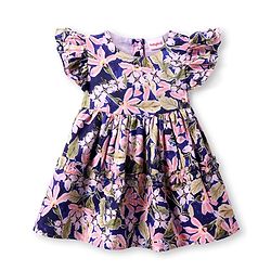 Babyhug Cotton Knit Frill Sleeves Frock With Floral Print - Navy Blue
