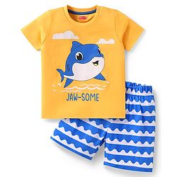 Babyhug Cotton Knit Half Sleeves Shorts Night Suit with Dolphin Print - Orange