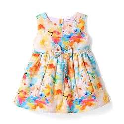 Babyhug Cotton Knit Sleeveless Frock With Floral Print & Bow Applique - Multicolor