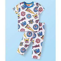 Babyhug Cotton Knit Half Sleeves Night Suit with Sports Theme Print - White