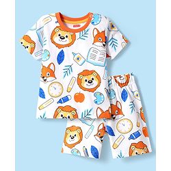 Babyhug Cotton Knit Half Sleeves Shorts Co-ords Night Suit With Animal Print - White & Blue