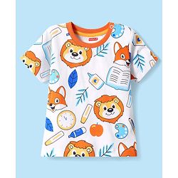 Babyhug Cotton Knit Half Sleeves Shorts Co-ords Night Suit With Animal Print - White & Blue