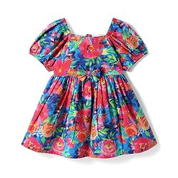 Babyhug Cotton Knit Half Sleeves Frock With Floral Print - Multicolor