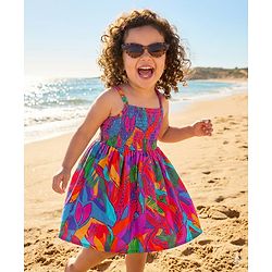 Babyhug Cotton Knit Sleeveless Frock With Leaf Print & Smocked Detailing - Multicolor