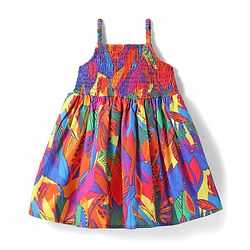 Babyhug Cotton Knit Sleeveless Frock With Leaf Print & Smocked Detailing - Multicolor
