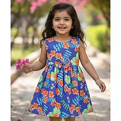 Babyhug Cotton Knit Sleeveless Frock With Bow Applique & Floral Print - Blue