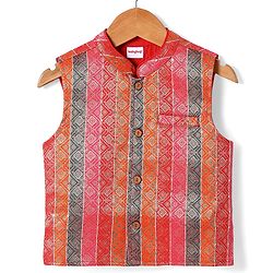Babyhug Woven Full Sleeves Kurta Pyjama Set With Printed Jacket - Mustard