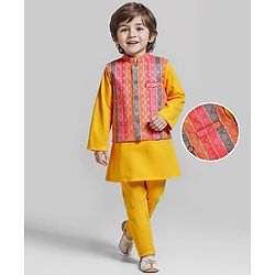 Babyhug Woven Full Sleeves Kurta Pyjama Set With Printed Jacket - Mustard