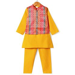Babyhug Woven Full Sleeves Kurta Pyjama Set With Printed Jacket - Mustard