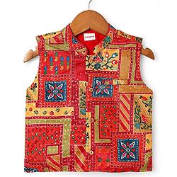 Babyhug Woven Full Sleeves Ethnic Motif Printed Kurta Pajama Set with Jacket & Sequin Detailing - Navy Blue