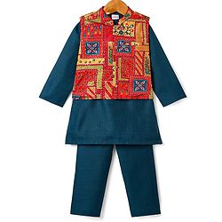 Babyhug Woven Full Sleeves Ethnic Motif Printed Kurta Pajama Set with Jacket & Sequin Detailing - Navy Blue