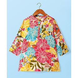Babyhug Woven Full Sleeves Kurta Pyjama Set with Floral Print - Yellow & White