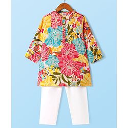 Babyhug Woven Full Sleeves Kurta Pyjama Set with Floral Print - Yellow & White