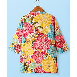Babyhug Woven Full Sleeves Kurta Pyjama Set with Floral Print - Yellow & White