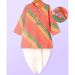 Babhug Woven Full Sleeves Bandhani Printed Dhoti Kurta Set with Floral Embroidery - Red & Orange