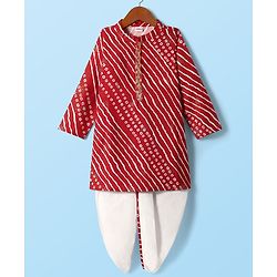 Babyhug Woven Full Sleeves Leheriya Kurta Dhoti Set With Foil Print - Red & White