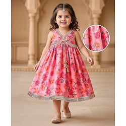 Babyhug Cotton Cambric Woven Sleeveless Floral Printed Ethnic Dress with Tassle & Sequin Detailing - Pink