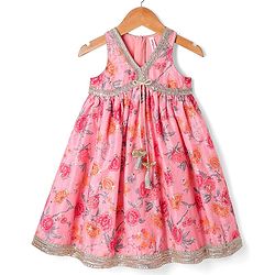 Babyhug Cotton Cambric Woven Sleeveless Floral Printed Ethnic Dress with Tassle & Sequin Detailing - Pink