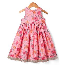 Babyhug Cotton Cambric Woven Sleeveless Floral Printed Ethnic Dress with Tassle & Sequin Detailing - Pink