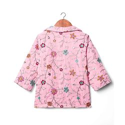 Babyhug Woven Three Fourth Sleeves Top & Palazzo Set with Floral Embroidered Jacket and Lace Detailing - Pink