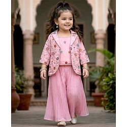 Babyhug Woven Three Fourth Sleeves Top & Palazzo Set with Floral Embroidered Jacket and Lace Detailing - Pink
