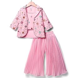 Babyhug Woven Three Fourth Sleeves Top & Palazzo Set with Floral Embroidered Jacket and Lace Detailing - Pink