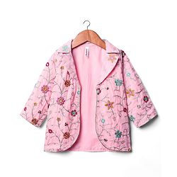 Babyhug Woven Three Fourth Sleeves Top & Palazzo Set with Floral Embroidered Jacket and Lace Detailing - Pink