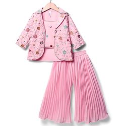 Babyhug Woven Three Fourth Sleeves Top & Palazzo Set with Floral Embroidered Jacket and Lace Detailing - Pink