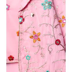 Babyhug Woven Three Fourth Sleeves Top & Palazzo Set with Floral Embroidered Jacket and Lace Detailing - Pink