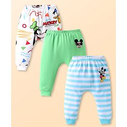 Babyhug Disney Interlock Knit Diaper Leggings With Mickey Mouse Graphics Pack of 3 - White Green & Light Blue