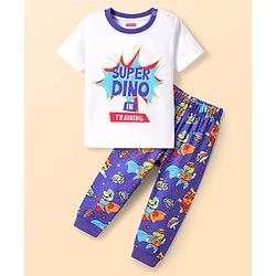 Babyhug Cotton Knit Half Sleeves Night Suit with Dino Print - White & Blue