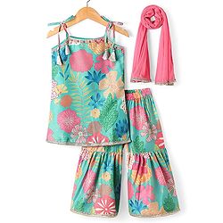 Babyhug Woven Singlet Sleeves Floral Printed Kurti Gharara Set with Dupatta - Mint Green